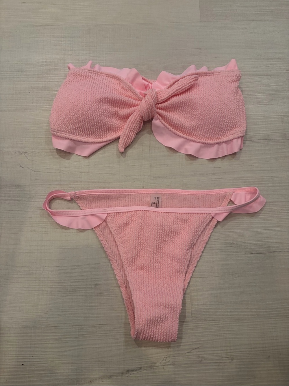 SHEIN Pink Textured Knot Bandeau Bikini Set